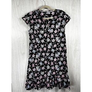 Lauren Ralph Lauren‎ Floral Sleep Dress Black Ditsy Ruffle Hem Cozy Womens S